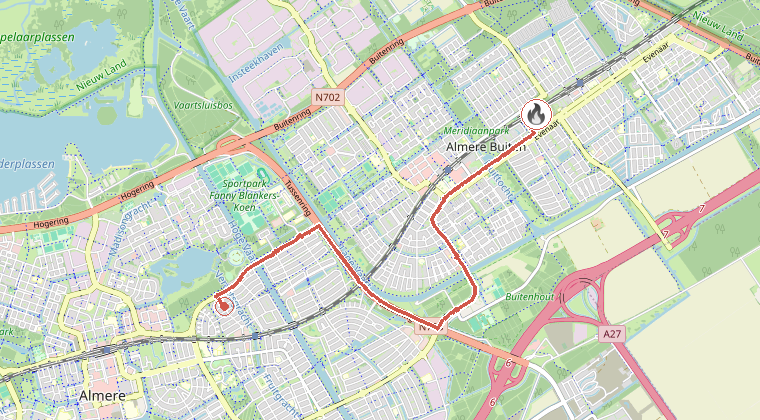 Kaart van de omgeving van de melding, met de kazerne die is gealarmeerd