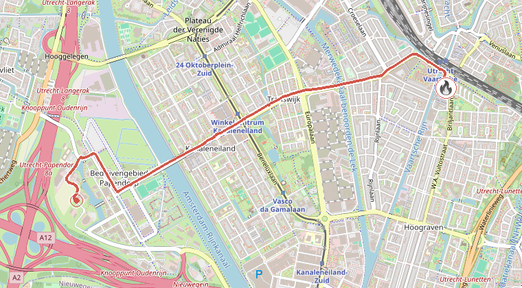 Kaart van de omgeving van de melding, met de kazerne die is gealarmeerd