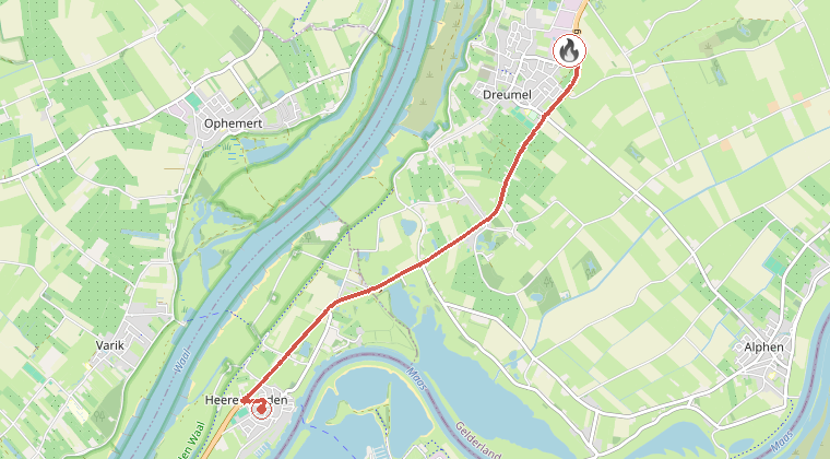 Kaart van de omgeving van de melding, met de kazerne die is gealarmeerd