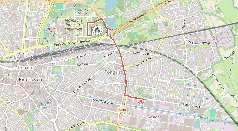 Kaart van de omgeving van de melding, met de kazerne die is gealarmeerd