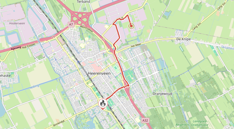 Kaart van de omgeving van de melding, met de kazerne die is gealarmeerd