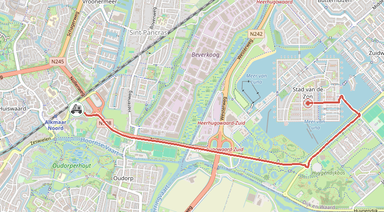 Kaart van de omgeving van de melding, met de kazerne die is gealarmeerd