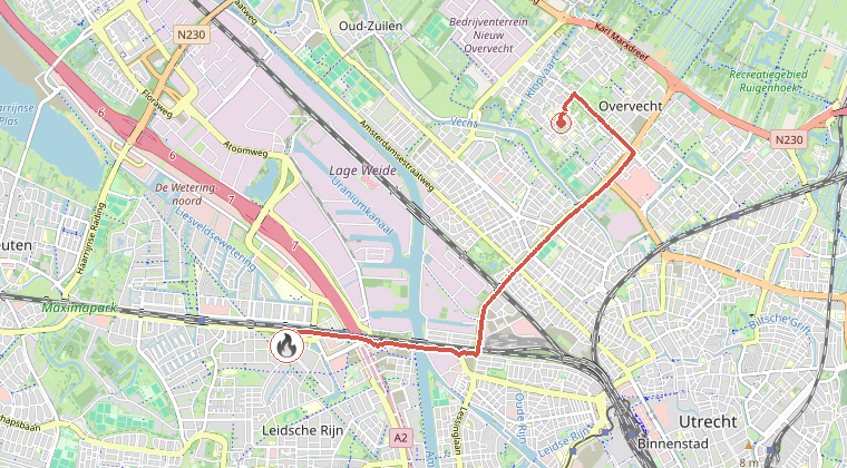 Kaart van de omgeving van de melding, met de kazerne die is gealarmeerd