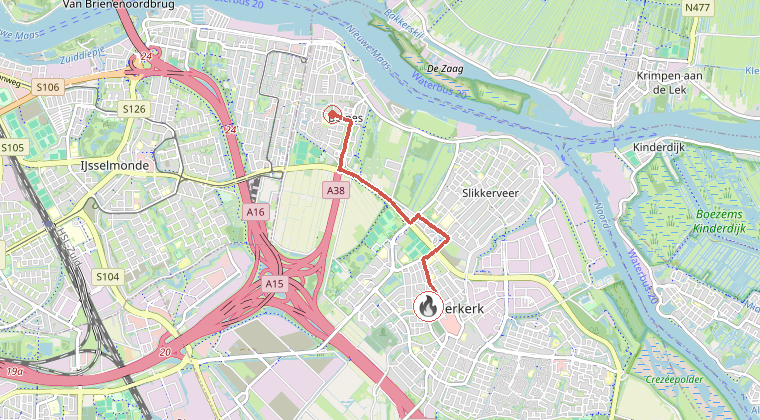 Kaart van de omgeving van de melding, met de kazerne die is gealarmeerd
