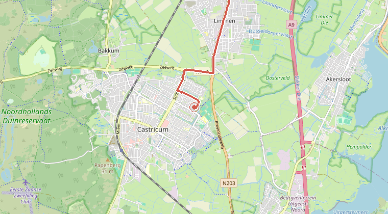Kaart van de omgeving van de melding, met de kazerne die is gealarmeerd