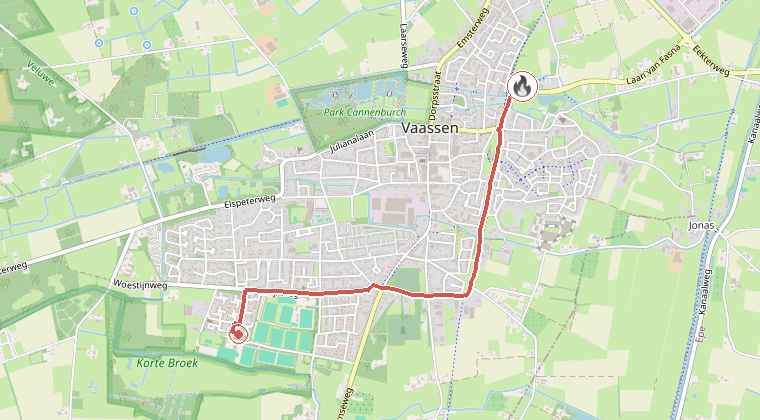 Kaart van de omgeving van de melding, met de kazerne die is gealarmeerd