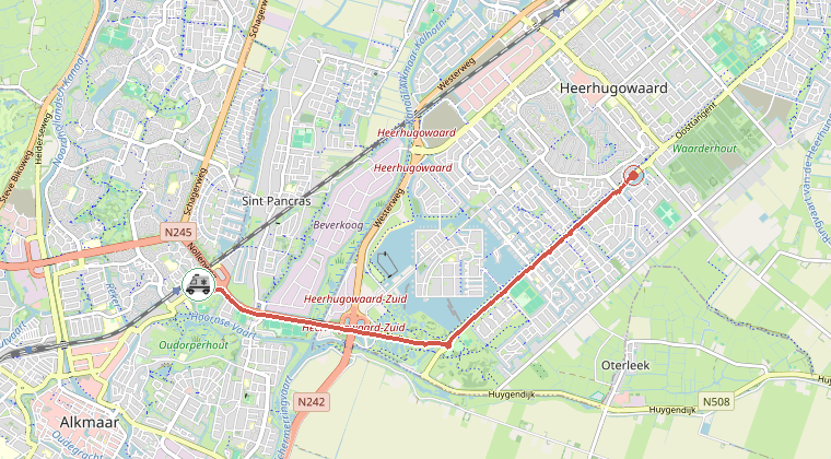 Kaart van de omgeving van de melding, met de kazerne die is gealarmeerd