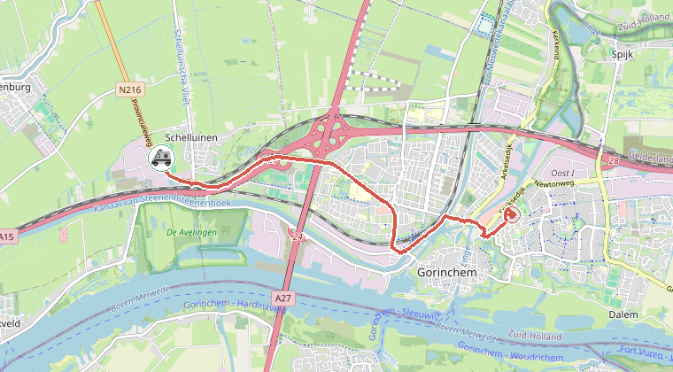 Kaart van de omgeving van de melding, met de kazerne die is gealarmeerd