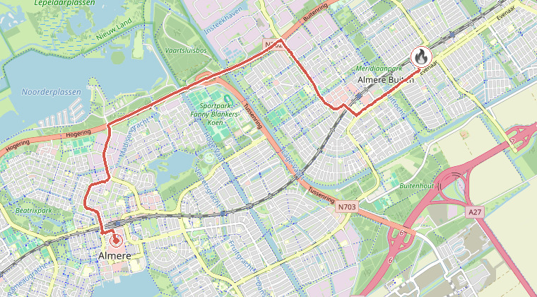 Kaart van de omgeving van de melding, met de kazerne die is gealarmeerd