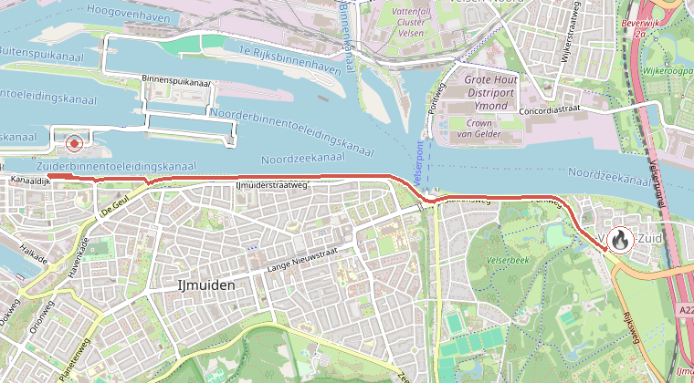 Kaart van de omgeving van de melding, met de kazerne die is gealarmeerd