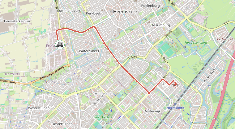 Kaart van de omgeving van de melding, met de kazerne die is gealarmeerd