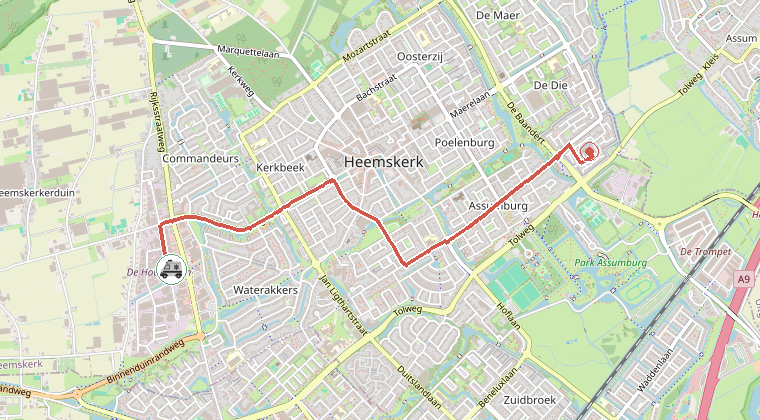 Kaart van de omgeving van de melding, met de kazerne die is gealarmeerd