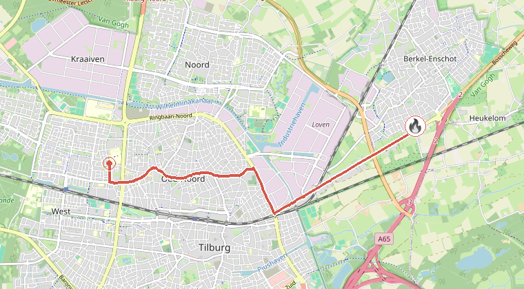 Kaart van de omgeving van de melding, met de kazerne die is gealarmeerd