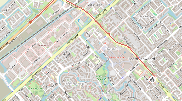Kaart van de omgeving van de melding, met de kazerne die is gealarmeerd