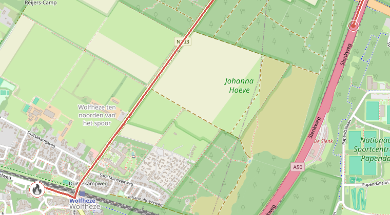 Kaart van de omgeving van de melding, met de kazerne die is gealarmeerd
