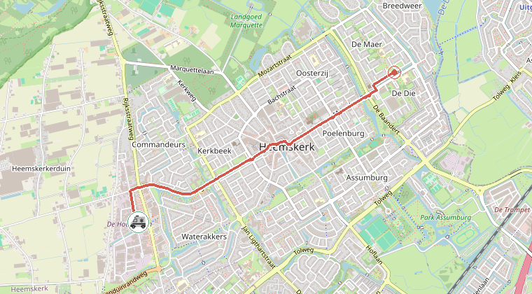 Kaart van de omgeving van de melding, met de kazerne die is gealarmeerd