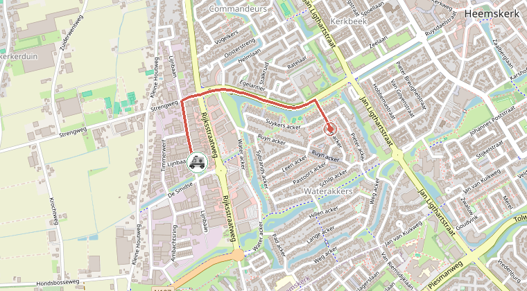 Kaart van de omgeving van de melding, met de kazerne die is gealarmeerd