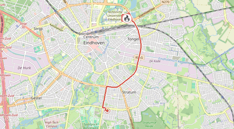 Kaart van de omgeving van de melding, met de kazerne die is gealarmeerd