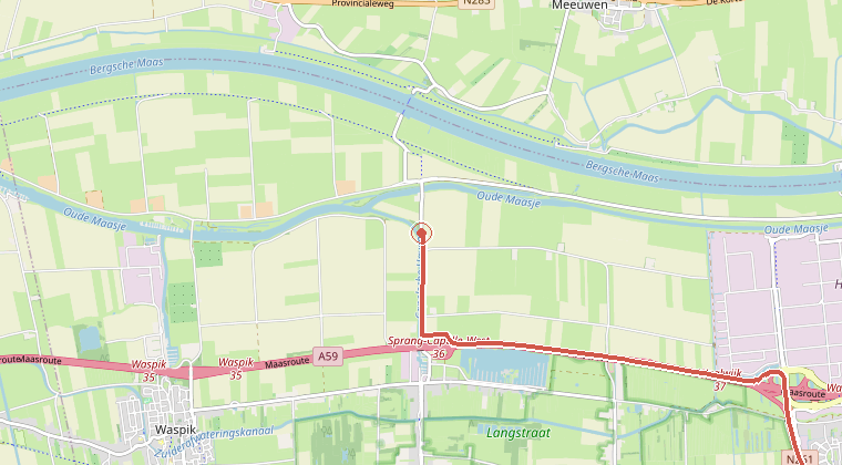 Kaart van de omgeving van de melding, met de kazerne die is gealarmeerd