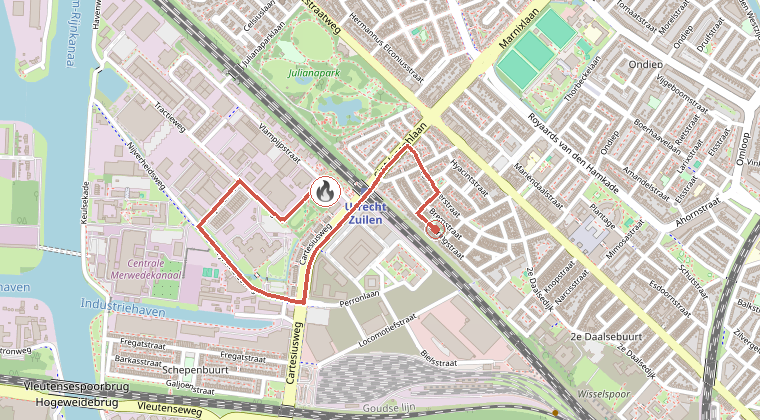 Kaart van de omgeving van de melding, met de kazerne die is gealarmeerd