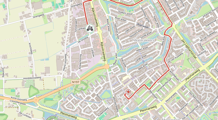 Kaart van de omgeving van de melding, met de kazerne die is gealarmeerd