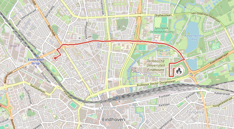 Kaart van de omgeving van de melding, met de kazerne die is gealarmeerd