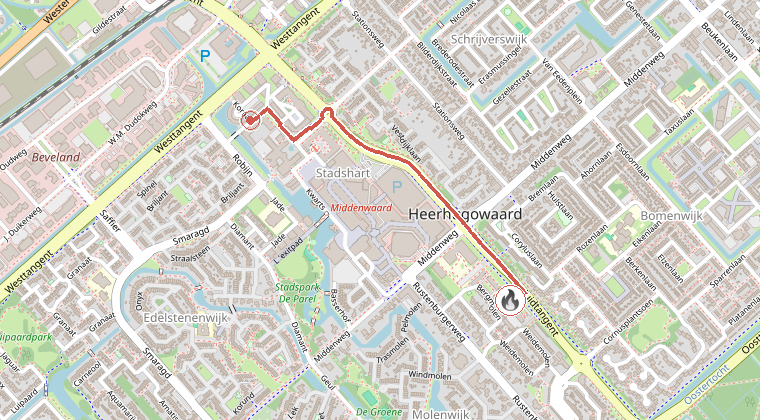 Kaart van de omgeving van de melding, met de kazerne die is gealarmeerd