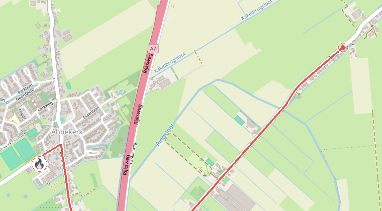 Kaart van de omgeving van de melding, met de kazerne die is gealarmeerd