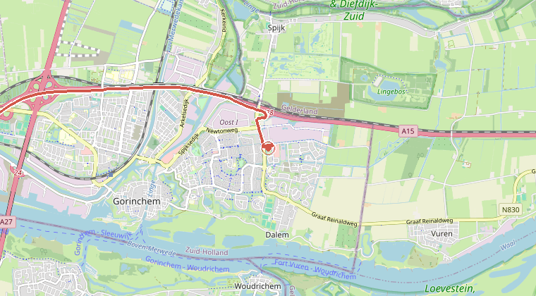 Kaart van de omgeving van de melding, met de kazerne die is gealarmeerd