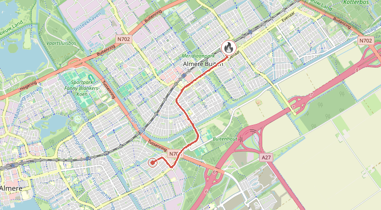 Kaart van de omgeving van de melding, met de kazerne die is gealarmeerd
