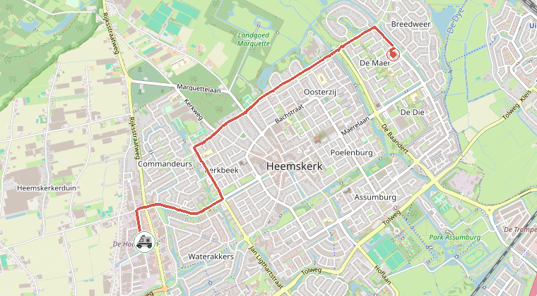 Kaart van de omgeving van de melding, met de kazerne die is gealarmeerd