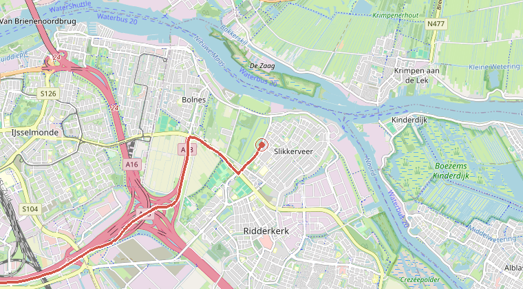 Kaart van de omgeving van de melding, met de kazerne die is gealarmeerd