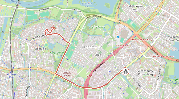 Kaart van de omgeving van de melding, met de kazerne die is gealarmeerd
