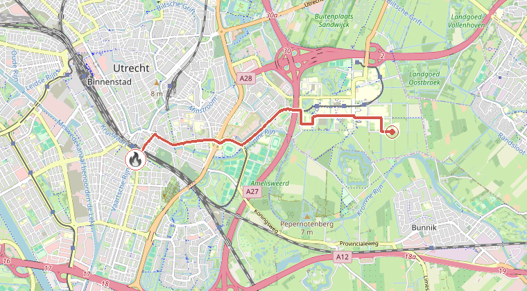 Kaart van de omgeving van de melding, met de kazerne die is gealarmeerd