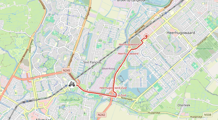 Kaart van de omgeving van de melding, met de kazerne die is gealarmeerd