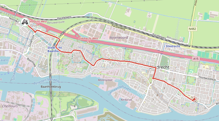 Kaart van de omgeving van de melding, met de kazerne die is gealarmeerd
