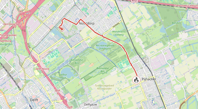 Kaart van de omgeving van de melding, met de kazerne die is gealarmeerd