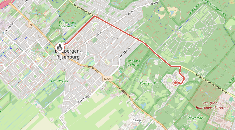 Kaart van de omgeving van de melding, met de kazerne die is gealarmeerd