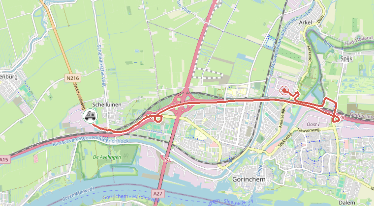 Kaart van de omgeving van de melding, met de kazerne die is gealarmeerd