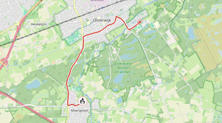 Kaart van de omgeving van de melding, met de kazerne die is gealarmeerd
