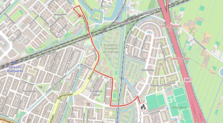 Kaart van de omgeving van de melding, met de kazerne die is gealarmeerd