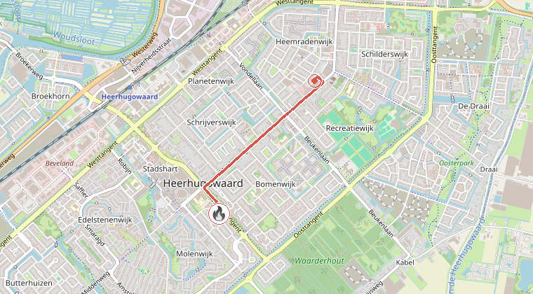 Kaart van de omgeving van de melding, met de kazerne die is gealarmeerd