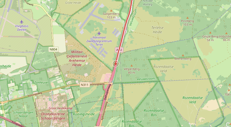 Kaart van de omgeving van de melding, met de kazerne die is gealarmeerd