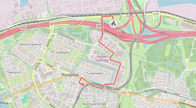Kaart van de omgeving van de melding, met de kazerne die is gealarmeerd