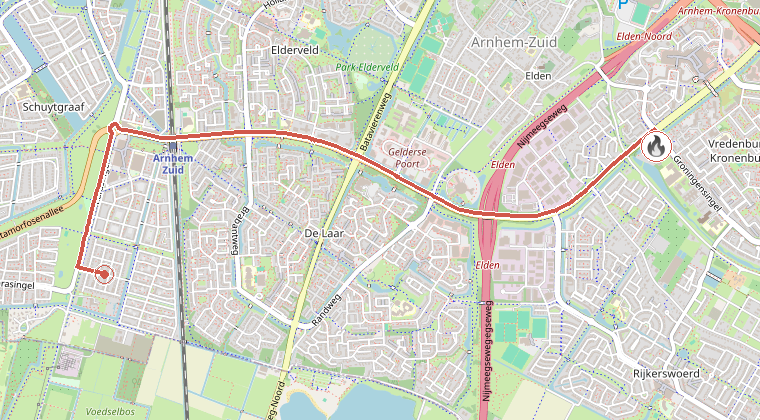 Kaart van de omgeving van de melding, met de kazerne die is gealarmeerd