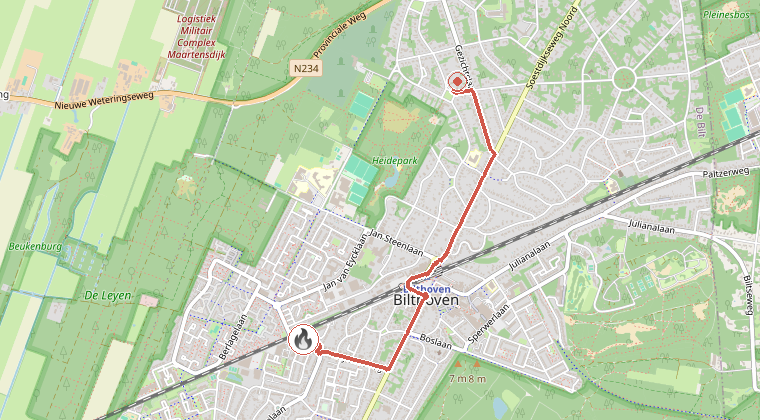 Kaart van de omgeving van de melding, met de kazerne die is gealarmeerd