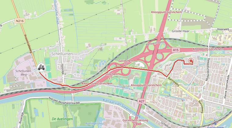 Kaart van de omgeving van de melding, met de kazerne die is gealarmeerd