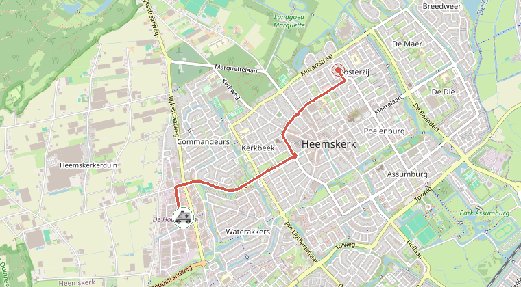 Kaart van de omgeving van de melding, met de kazerne die is gealarmeerd