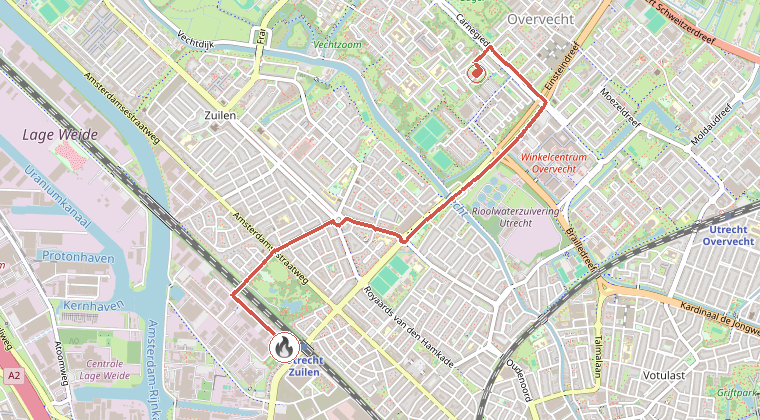 Kaart van de omgeving van de melding, met de kazerne die is gealarmeerd