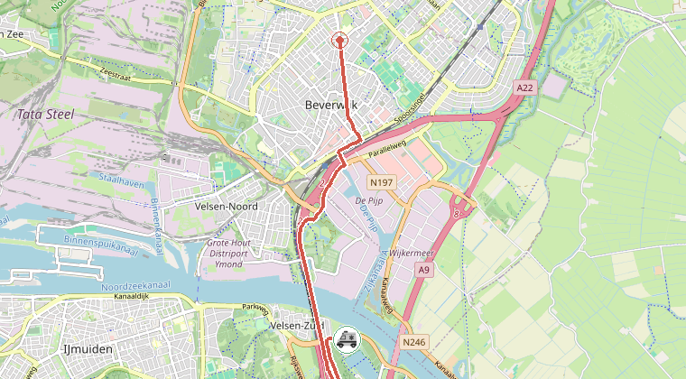 Kaart van de omgeving van de melding, met de kazerne die is gealarmeerd